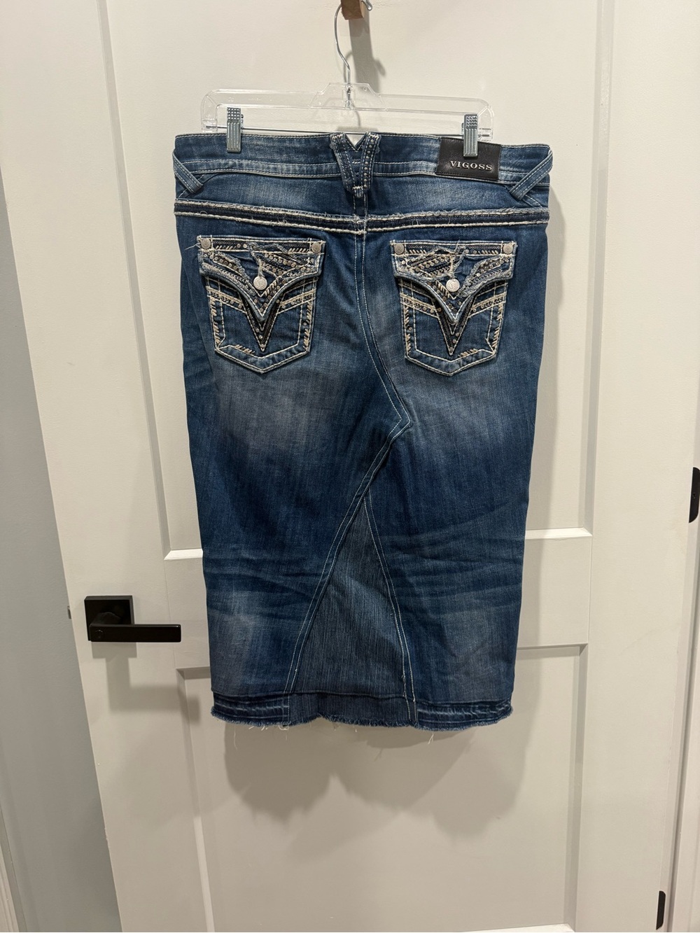 VIGOSS Dark Blue Denim Homemade Midi Skirt with Embellished Back Pockets
